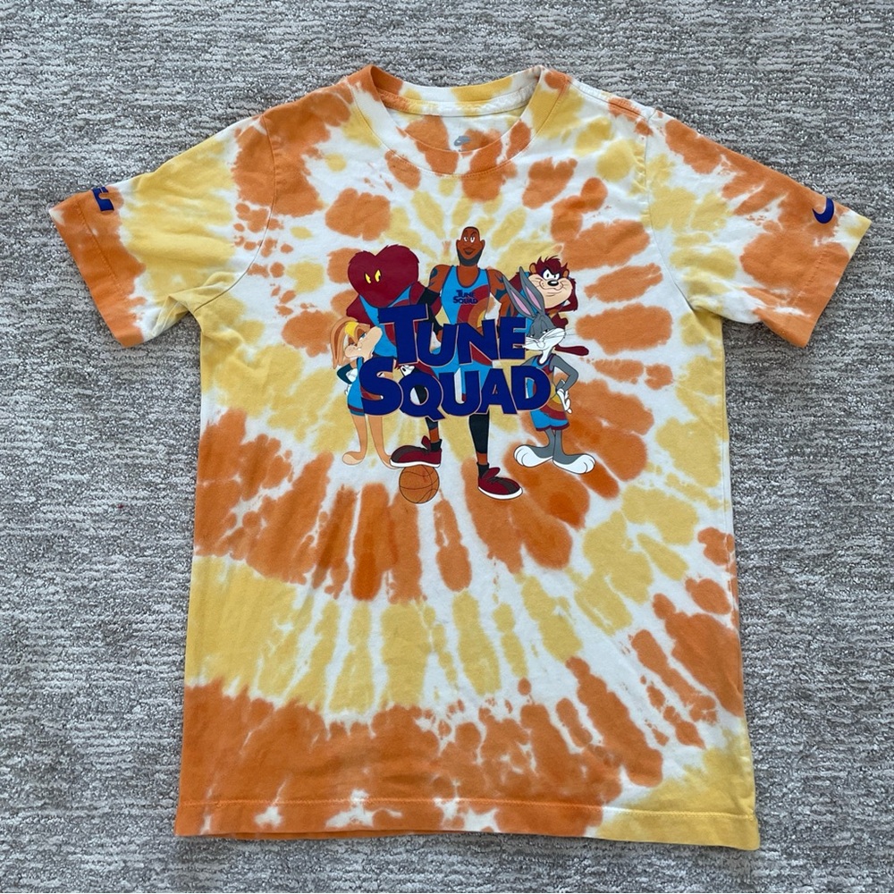 Nike LeBron James Space Jam Shirt Youth Large Orange Yellow Tie Dye Short Sleeve
